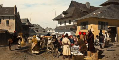 Market in a small town near Kraków/Targ w miasteczku pod Krakowem, 1908 - Market in a small town near Kraków/Targ w miasteczku pod Krakowem, 1908. Oil on canvas, 52,5 x 99 cm 
