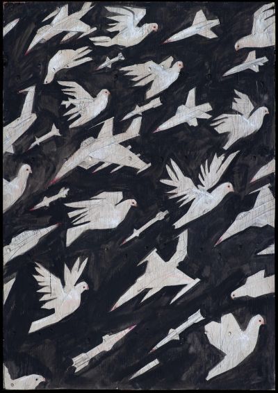 Wiesław Smętek, Pigeons + Rockets, 2023 - Gouache on wood, 180 x 130 cm