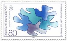 Zdj. nr 21: Znaczek pocztowy „Międzynarodowy Rok Pokoju ONZ 1986“  - Deutsche Bundespost, znaczek pocztowy z okazji Międzynarodowego Roku Pokoju ONZ 1986, projekt Jan Lenica. 