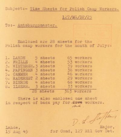 Lista, 1945 - Lista unaoczniająca liczbę DP-isów pracujących w obozach wchodzących w skład „DPAC Lahde“ w lipcu 1945 roku, czyli dwa miesiące po jego utworzeniu. 