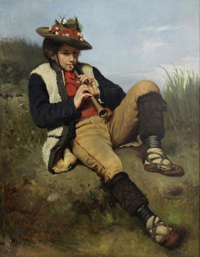 Chłopiec grający na flecie - Chłopiec grający na flecie, Monachium 1875, olej na płótnie, 132,5 x 102,5 cm 