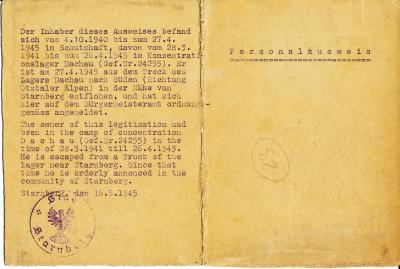 Tylna strona dowodu osobistego  - Tylna strona dowodu osobistego Hermanna Scheipersa wystawionego 16 maja 1945 r. w Starnberg