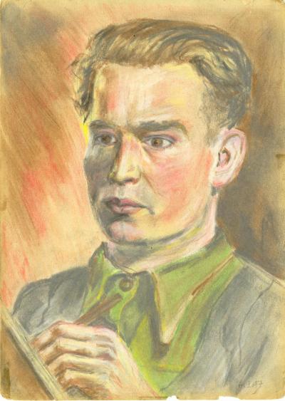 Norbert Gawroński, autoportret wykonany w Maczkowie - Norbert Gawroński, autoportret wykonany w Maczkowie 6 stycznia 1947 r., pastele na papierze, 29,5 x 21 cm