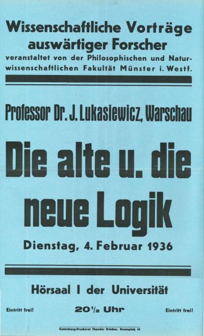 Plakat  - Zawiadomienie o wykładzie Łukasiewicza na Uniwersytecie w Münster  