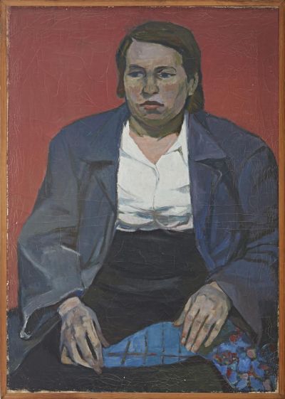 Portrait of a humpbacked woman - Andrzej Wróblewski, Portret Garbatej z czerwonym tłem, 1955, oil on canvas, 85,5 x 60 cm