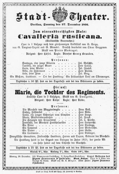 Poster of the City Theater of Breslau with Cerini - 27.12.1891 