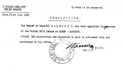 Dokument powołania doktora Zygmunta Gałeckiego na pierwszego burmistrza Maczkowa  - Dokument powołania doktora Zygmunta Gałeckiego na pierwszego burmistrza Maczkowa z 23 lipca 1945 r.