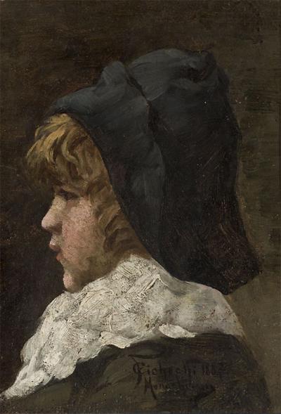 Porträt eines Jungen mit Hut - Porträt eines Jungen mit Hut, Öl auf Leinwand, München 1887, 26,2 x 19 cm 