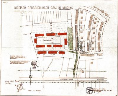 Lageplan des Barackenlagers der Reichsbahn in Neuaubing, Planung November 1942 - Lageplan des Barackenlagers der Reichsbahn in Neuaubing, Planung November 1942. 