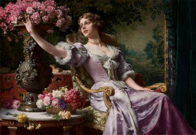 Dame in violettem Kleid mit Blumen/Dama w liliowej sukni z kwiatami - Dama w liliowej sukni z kwiatami, Monachium 1880-90, olej na płótnie, 55 x 78 cm 