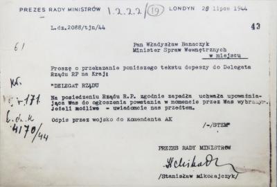 Telegramm - Telegramm der polnischen Exilregierung an das Oberkommando des Warschauer Aufstandes, 28. Juli 1944.  