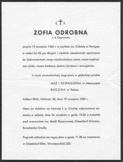 Ill. 6: Death announcement for Zofia Odrobna, Velbert 1960 - Death announcement for Zofia Odrobna, Velbert 1960 
