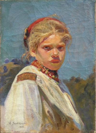 Bildnis einer jungen Frau/Dziewczyna, 1908 - Bildnis einer jungen Frau/Dziewczyna, 1908. Öl auf Leinwand, 34,5 x 24,5 cm, im Auktionshandel (ALTIUS, Warschau). 