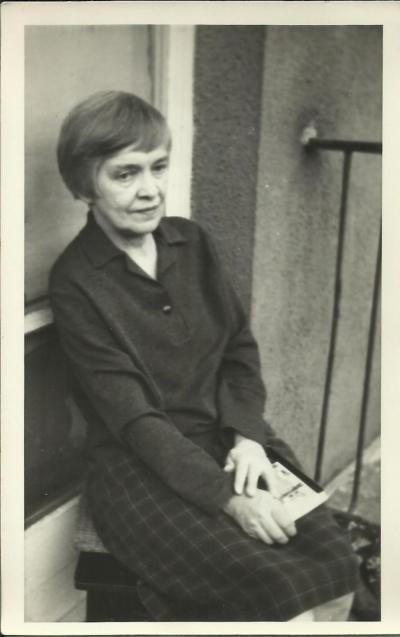 Ca. 1958 - Janina Kłopocka on the balcony of her Warsaw apartment at 12 Chmielna street.