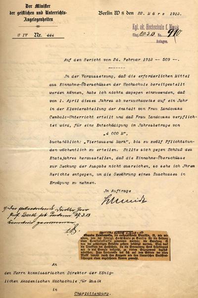 Zlecenie prowadzenia zajęć, Berlin 1913 r. - Zlecenie prowadzenia zajęć przez Wandę Landowską w Królewskiej Wyższej Szkole Muzycznej w Charlottenburgu, 22 marca 1913 r. 