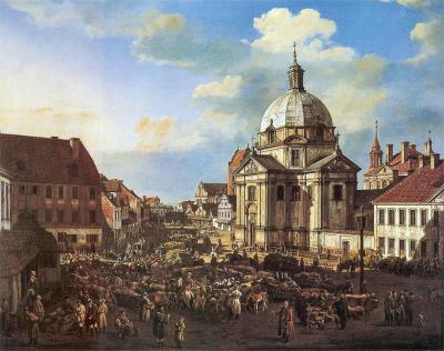 Canaletto: Neustädter Markt - Bernardo Bellotto zw. Canaletto „Rynek Nowego Miasta, kościół św. Kazimierza (sakramentek)”. 