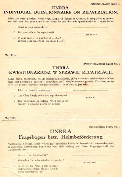 Kwestionariusz w sprawie repatriacji  - Kwestionariusz w sprawie repatriacji UNRRA, maj 1946 r. 