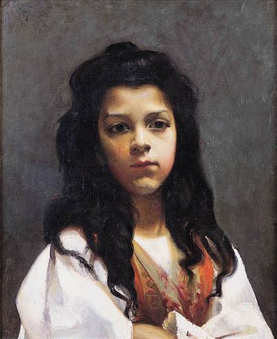 Portret dziewczynki, ok. 1900 r. - Olej na płótnie, płótno naklejone na tekturze, 55 x 45 cm, wystawiony na aukcji (Agra Art, Warszawa, 2006) 
