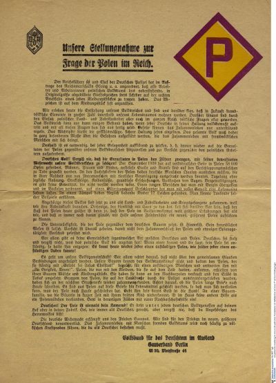Poster P - In order to prevent Polish forced labourers in Germany from being treated in too friendly a manner the “Volksbund für das Deutschtum im Ausland” reputedly published this guideline in 1940. 
