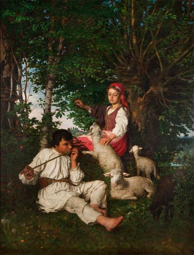 Para pastuszków w lesie – Sielanka, Monachium 1879 - Para pastuszków w lesie – Sielanka, Monachium 1879, olej na płótnie, 138 x 104 cm 