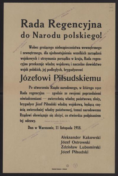 Flugblatt: Piłsudski erhält Oberbefehl über das polnische Militär, 1918 - Flugblatt: Der Regentschaftsrat überträgt Józef Piłsudski den Oberbefehl über das polnische Militär, 1918. 