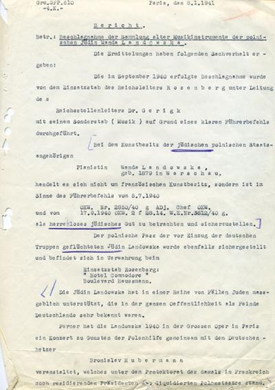 Nazi-Raub 1940 - Bericht über die Beschlagnahme der Musikinstrumenten-Sammlung von Wanda Landowska, Paris, 8. Januar 1941. 
