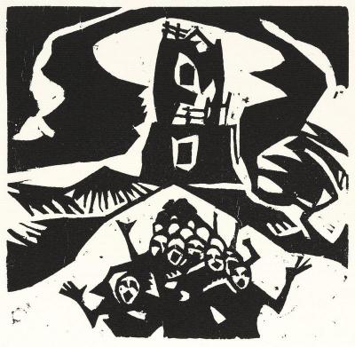 Abb. 2: Stanisław Kubicki, Wieża Babel (Der Turmbau zu Babel), 1917 - Stanisław Kubicki, Wieża Babel (Der Turmbau zu Babel), Linolschnitt, 1917 