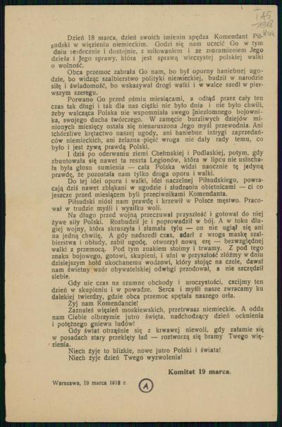 Flugblatt: Piłsudski verbringt seinen Namenstag in einem deutschen Gefängnis, 1918 - Flugblatt: Kommandant Piłsudski verbringt seinen Namenstag in einem deutschen Gefängnis, 1918. 