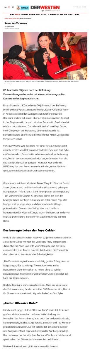 Rezension in der Zeitung DER WESTEN - „Kultur Offensive Ruhr“ - Gegen das Vergessen, Rezension in der Zeitung DER WESTEN, 2015 