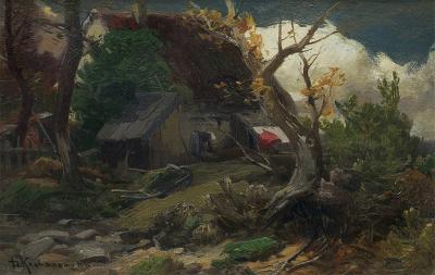 Pejzaż z chatą, 1890/1900, olej na desce, 18,2 x 29 cm