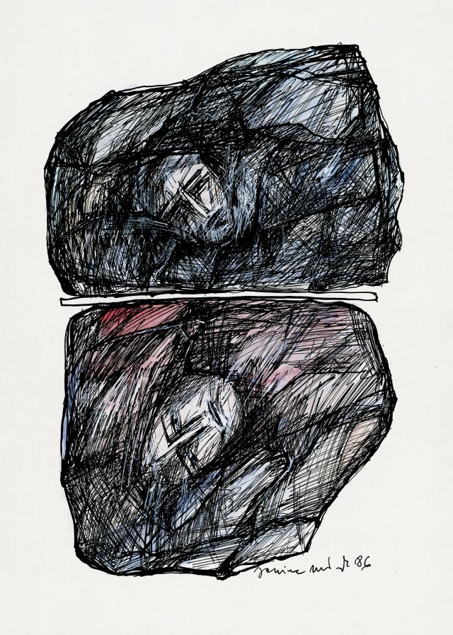 Hier und dort 6, 1986. Schwarze und weiße Tusche, Aquarell auf Papier, 27x37,5 cm, Privatbesitz
