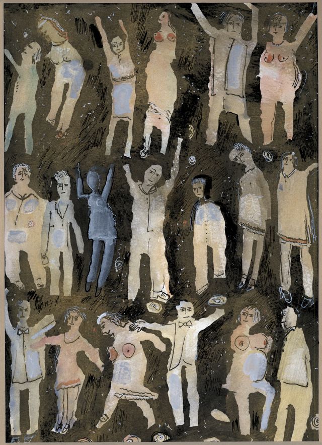 Begegnungen unterwegs (III) 3, 2013. Schwarze, weiße Tusche, Gouache auf Papier, 29x40 cm, Privatbesitz