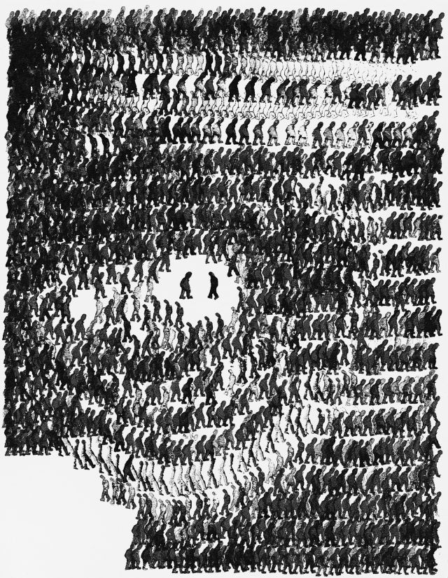 Fortgang, Exodus 23, 2000. Schwarze Tusche auf Papier, 32x41 cm, Privatbesitz