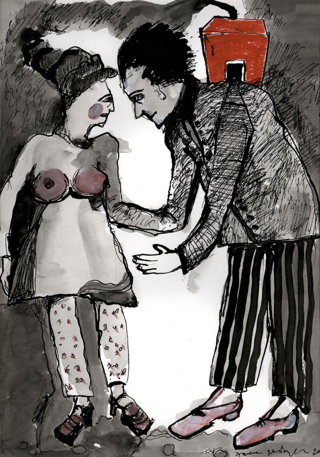 Begegnungen unterwegs (III) 12, 2012. Schwarze Tusche, Gouache auf Papier, 28x40 cm, Privatbesitz