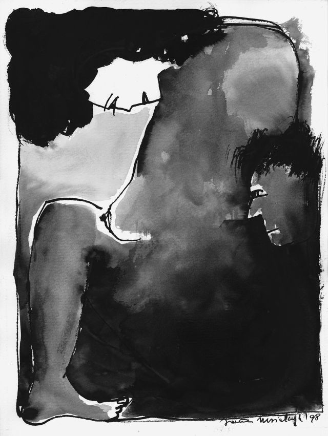 Begegnungen unterwegs (II) 17, 1998. Schwarze Tusche auf Papier, 30x40 cm, Privatbesitz