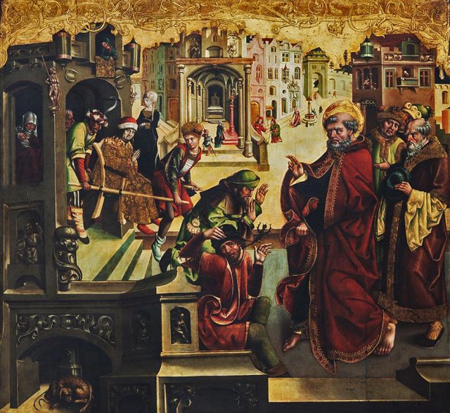 Św. Piotr uzdrawia chorych i opętanych, skrzydło zewnętrzne ołtarza głównego w kościele parafialnym św. Piotra w Monachium, 1490 r.
