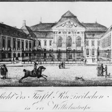 “Radziwill Palais” in Wilhelmstrasse 77 (today no. 93) (1736 - 1739 erected under the direction of the Royal Building Commission as the Palais Schulenburg; from 1795 onwards in the position of the Radziwiłł princes; from 1875 onwards in possession of the German Reich; from 1878 onwards the official seat of the Reich Chancellor)   Etching by F.A. Schmidt after a drawing by J.H.A. Forst, ca 1820