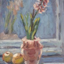 Blumenstillleben/Kwiat w wazonie, vor 1939. Öl auf Pappe, 41,5 x 38 cm, im Auktionshandel (Dom Aukcyjny ALTIUS, Warschau, 2013)