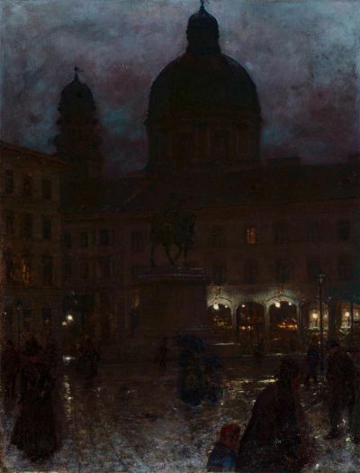 Aleksander Gierymski (1850-1901): Der Wittelsbacherplatz in München bei Nacht, 1890. Öl auf Leinwand, 67 x 52 cm.