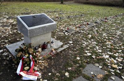 Parkfriedhof Marzahn. Kwatera "19". Groby oraz tablica upamiętniająca śmierć dwudziestu robotnic przymusowych z Łodzi. 