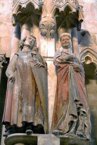 Mistrz z Naumburga, posągi fundatora margrabiego Miśni i jego żony Regelindy, około 1250 r., piaskowiec, Katedra św. Apostołów Piotra i Pawła, Naumburg nad Soławą