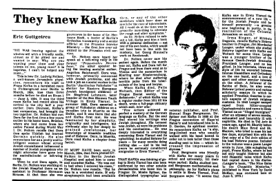 Eric Gottgetreu, 1974 - Eric Gottgetreu: They knew Kafka, in: The Jerusalem Post Magazine, 14/6/1974, page 16 