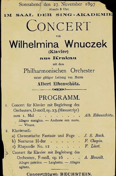 Programm zu einem Konzert von Wilhelmina Wnuczek im Saal der Sing-Akademie zu Berlin mit dem Berliner Philharmonischen Orchester unter der Leitung von Albert Eibenschütz, 1897