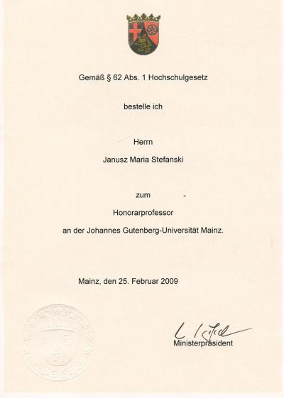 Janusz Maria Stefański, Urkunde der Universität Mainz - Janusz Maria Stefański, Urkunde der Universität Mainz 
