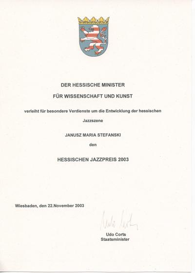 Janusz Maria Stefański, "Hessischer Jazzpreis", 2003 - Janusz Maria Stefański, "Hessischer Jazzpreis", 2003 