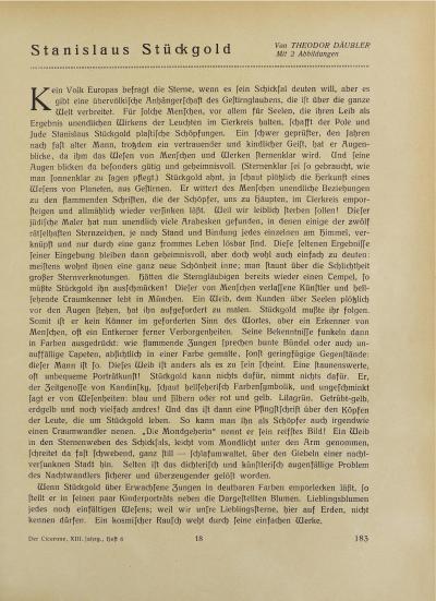 PDF 15: Däubler über Stückgold, 1921 - Theodor Däubler: Stanislaus Stückgold, in: Der Cicerone. Halbmonatsschrift für Künstler, Kunstfreunde und Sammler, XIII. Jahrgang, Leipzig 1921, Seite 183-185 