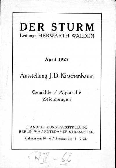 PDF 1: Der Sturm catalogue, 1927 - J.D. Kirschenbaum exhibition. Paintings, watercolours, drawings, Der Sturm catalogue, Berlin, April 1927 