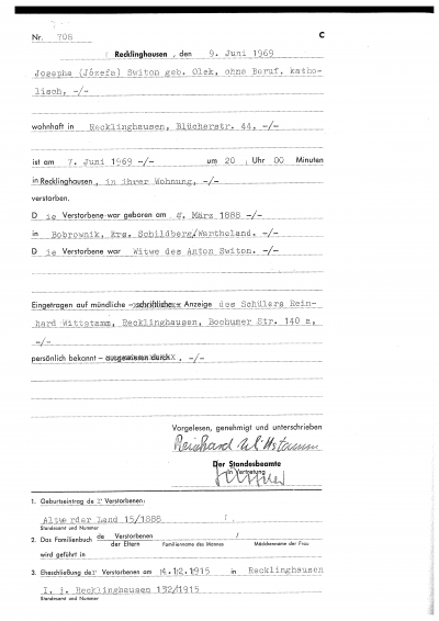 Death certificate of Jozefa Switon, 09.06.1969, black and white copy (12.11.2020) - Death certificate of Jozefa Switon, 09.06.1969, black and white copy (12.11.2020) 