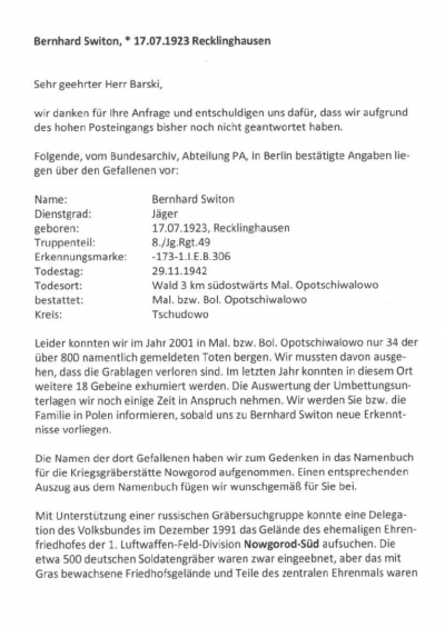 Letter information from the German War Graves Commission (Deutscher Volksbund Kriegsgräberfürsorge e. V.) regarding Bernhard Switon, 16.05.2019 - Letter information from the German War Graves Commission (Deutscher Volksbund Kriegsgräberfürsorge e. V.) regarding Bernhard Switon, 16.05.2019 
