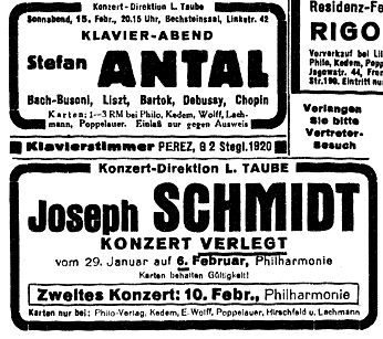 Anzeigen der Konzert-Direktion L. Taube, in: Jüdische Rundschau, Jahrgang 41, Nr. 9, Berlin 31.1.1936, Seite 21